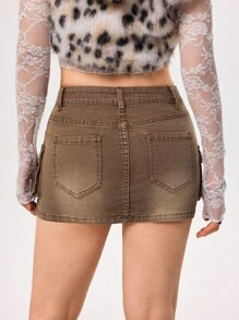 Rivivi Women's Fashion Mini Denim Skirt With Pockets - Brown - View 3