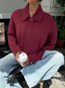 Muchica 女士秋冬休闲百搭酒红色落肩长袖口袋夹克 - 酒紅色 - 查看 5