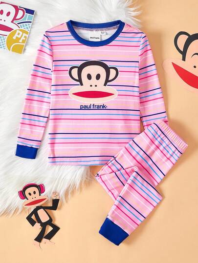 Paul Frank X SHEIN 2pcs Young Girl Striped Print Pattern Crew Neck Long Sleeve Top And Pants Casual Snug Fit Pajama Set