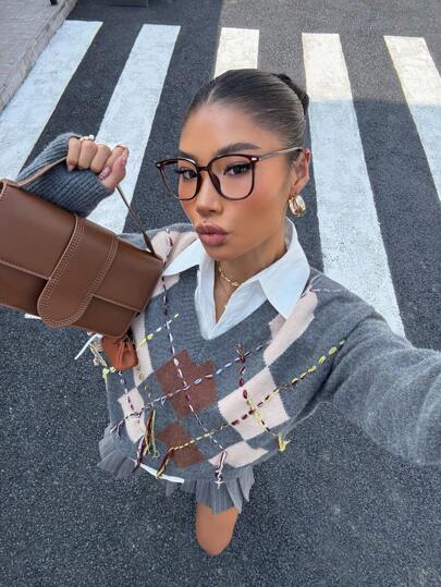 Muchica 女式秋季返校菱形拼接流苏V领套头衫