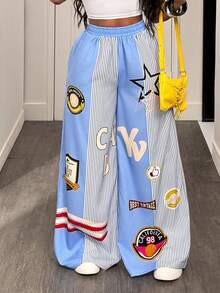 BamGleam 女式松紧腰五角星条纹印花阔腿休闲裤 - 藍色 - 查看 4