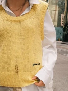 Easelle Retro Embroidered Deep U Neck Vest Tank Top For Women - Yellow - View 9