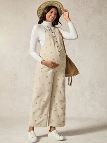 Boho Mama 孕妇花卉刺绣口袋设计休闲连体裤 - 卡其色 - 查看 6