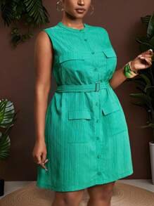 Veslaya 2025 Spring Summer New Elegant Commute & Elegant Party & Elegant Date Solid Dark Green Sleeveless Mandarin Collar Pocket With Belt Skirt Hem Woven Texture Fabric Women Plus Size Mini Shirt Dress