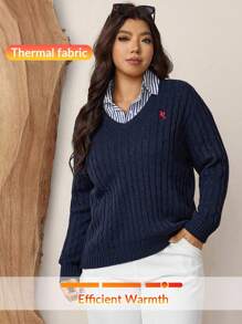 SHEIN LUNE Maglione casual oversize con scollo a V, lavorazione a maglia testurizzata con motivi ricamati