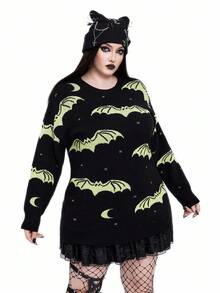 Whyspr Suéter casual de cuello redondo de manga larga con estampado de murciélago para mujer de talla grande