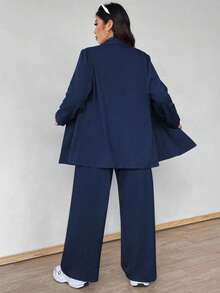 Vionelle 大码休闲通勤纯色双排扣夹克和裤子套装 - 藏蓝色 - 查看 2