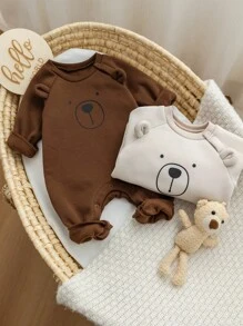 2件套新生儿卡通印花圆领长袖连体衣，摩卡色图案，男女宝宝通用连体衣，中性婴儿服装，男女宝宝小熊连体衣，秋冬季 - 彩色 - 查看 6