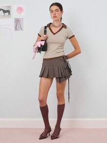 COUREZ Áo Polo cổ chữ V phối màu tương phản / Áo kiểu Y2K để đi chơi, trang phục mùa thu cho nữ, trang phục dễ thương mùa thu - Màu Khaki - Xem 2