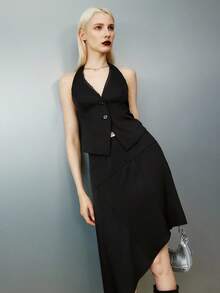 Airlisse 女士时尚露背花卉装饰上衣 + 不对称下摆半身裙 2 件套 - 黑色 - 查看 4