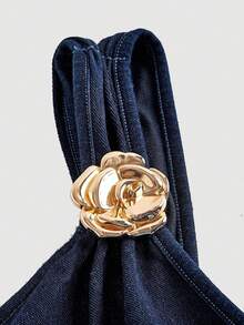 SHEIN MOD Plus Size Women's Navy Blue One Shoulder Denim Dress,Elegant Metal Flower Ruched Bodycon Fishtail Formal Evening Gown,Autumn Clasic Date Night Outfit - Dark Wash - View 3