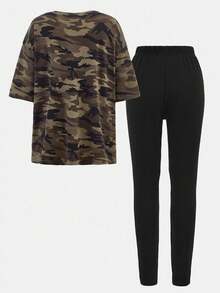 SHEIN Tween Girl Casual Street Style Camouflage Pattern Loose Oversize Letter English Slogan Crew Neck Short Sleeve T-Shirt And Fitted Leggings 2 Pieces Set - Army Green - View 2