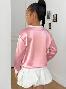 Tween Girl Casual Sports Street Jersey Graphic V-Neck Loose Sweatshirt - Pink - View 2