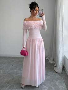 Selianne Váy Maxi hở vai họa tiết bướm xếp ly lãng mạn ngọt ngào dành cho nữ ngày lễ tình nhân - Hồng - Xem 3