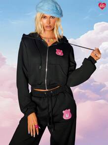 MISSGUIDED x Carebears Y2K 短款连帽卫衣全拉链彩虹后背印花人物图案家居服可爱休闲甜美居家冬秋季街头服饰 - 黑色 - 查看 1