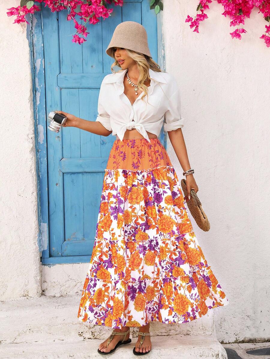 Vivid Eden Gonna casual con stampa floreale e volant sul fondo per donne - Multicolore - Visualizzare 1