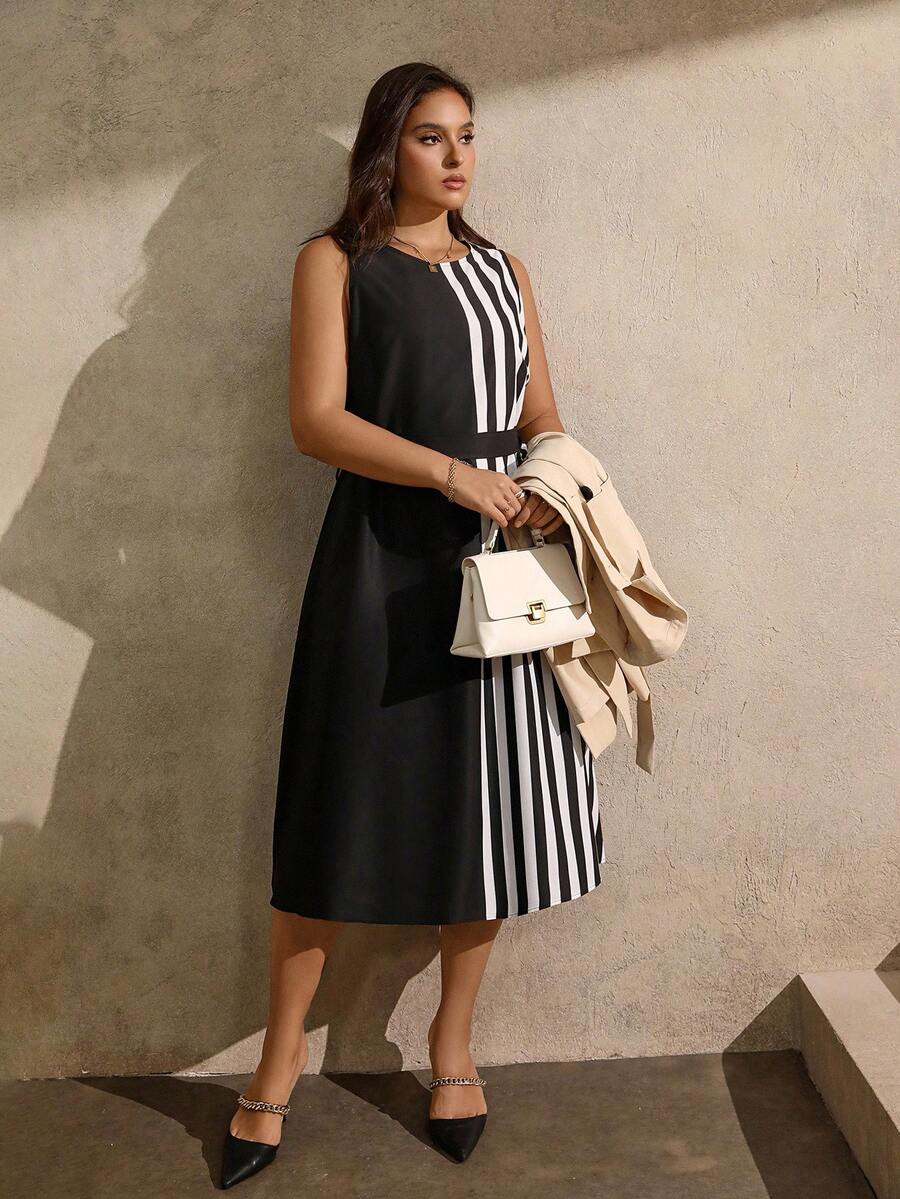 Juhart Plus Size Color Block Striped Round Neck Sleeveless Dress - Multicolor - View 1