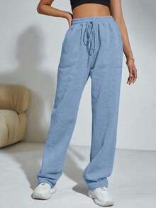 Flirla 女士纯色抽绳腰口袋直筒宽松休闲运动裤 - 淺藍色 - 查看 6