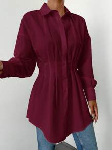 EURMUSE Cotton Drop Shoulder Fold Pleated Curved Hem Shirt - Burgundy - View 3