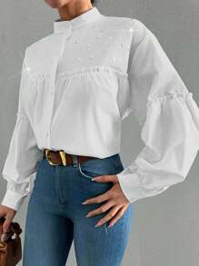 100% 纯棉女士优雅纯色立领灯笼袖衬衫，荷叶边饰边，水钻装饰和褶皱，春夏季 - 白色 - 查看 4