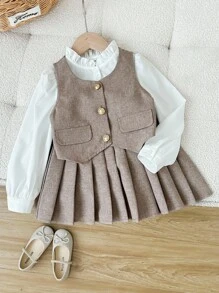 SHEIN Elegancka kamizelka dla młodej dziewczyny ze złotymi guzikami, koszula z falbaniastym kołnierzykiem i uniwersalna plisowana spódnica, odpowiednia na jesień/zimę, na imprezę i na co dzień - Wielokolorowe - Zobacz 7