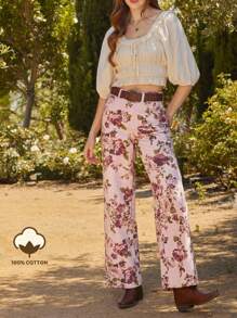 WESTFADE Floral Print High Rise Straight Leg Denim Jeans Summer Cowgirl Rodeo - Pink - View 1