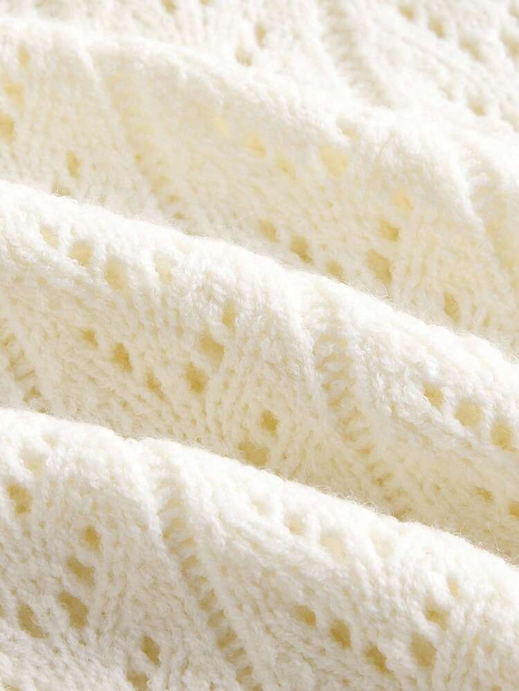 Ivory Pointelle Knit Sweater With Scalloped V-Neck And Puff Sleeves Teacher Spring Women Autumn Sweater Spring Summer