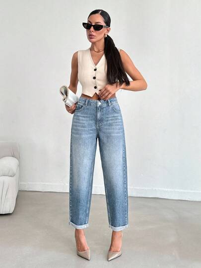 EURMUSE Mid Waist Slant Pocket Folded Hem Boyfriend Jeans