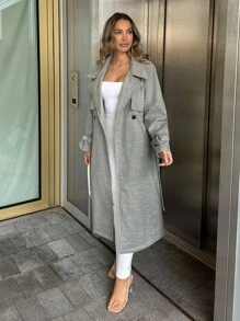 Chiquease Women's Long Gray Double-Faced Knitted Blend Coat With Metal Buttons And Tie Waist