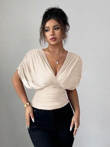 Selianne 女士春夏网眼弹力针织衬里优雅度假海滩通勤休闲法式浪漫交叉褶皱聚拢肩袖腰部褶皱抽绳荷叶边下摆 T 恤 - 杏色 - 查看 7