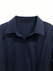 Franclia 海军蓝色长袖中长连衣裙，时尚法式束腰，适合秋季女性 - 藏蓝色 - 查看 3