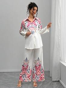 Momance 2件套孕妇优雅花卉印花衬衫和裤子套装 - 白色 - 查看 1