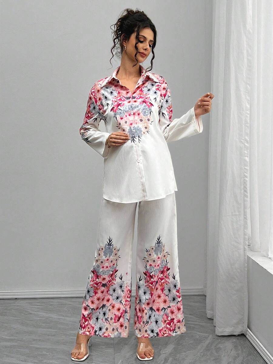 Momance 2件套孕妇优雅花卉印花衬衫和裤子套装 - 白色 - 查看 1