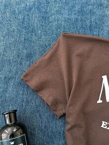 SHEIN Teen Girls' Casual Slant Shoulder Letter Print Cropped Ruched Hem Top, Street Style, Basic, Daily, Versatile, Sporty Fashion, Spring & Summer, Back To School Clothes Cropped T Shirt Brown Clothes For Teen Graphic Tees Teen Cropped T-Shirt New York Shirt Brown Graphic T-Shirt - Brown - View 5