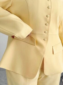 Elenzga 女士优雅正式办公室通勤休闲度假下午茶复古教师中东纯色圆领腰部 A 字形口袋装饰衬里前开纽扣西装外套 + 松紧腰宽松直筒裤套装，淡黄色秋季女士黄色两件套女士黄色西装黄色裤装两件套女士优雅两件套秋季 - 黃色 - 查看 7