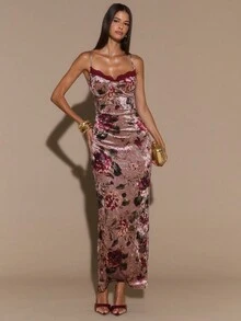 SHEIN BAE 花卉印花蕾丝边细肩带修身长裙，女士优雅曲线连衣裙，度假连衣裙，情人节约会连衣裙，伴娘迷你连衣裙，印花连衣裙 - 卡其色 - 查看 3