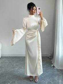 Elenzga 女式优雅喇叭袖花卉蕾丝边修身连衣裙，秋季 - 杏色 - 查看 7