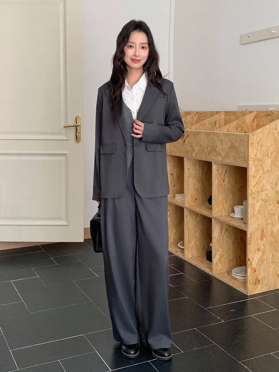 2pcs Teen GirlJacket Set, Gray Fabric, Lapel Collar, Fake Pocket Cover, Suitable For Commuting, Walking, Shopping, Can Be Paired With Long/Short Sleeve Fall Winter