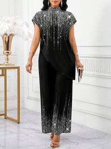 SHEIN Lady 2025 New Women's Elegant, Casual, Party, Commuting, Shiny, Mid-High-Neck, Asymmetrical, Loose-Fitting Short-Sleeved Top And Loose-Fitting Straight-Leg Trousers Two Pieces Set For Spring, Summer And Autumn Halloween  Chic Women's Dress  Party Dress