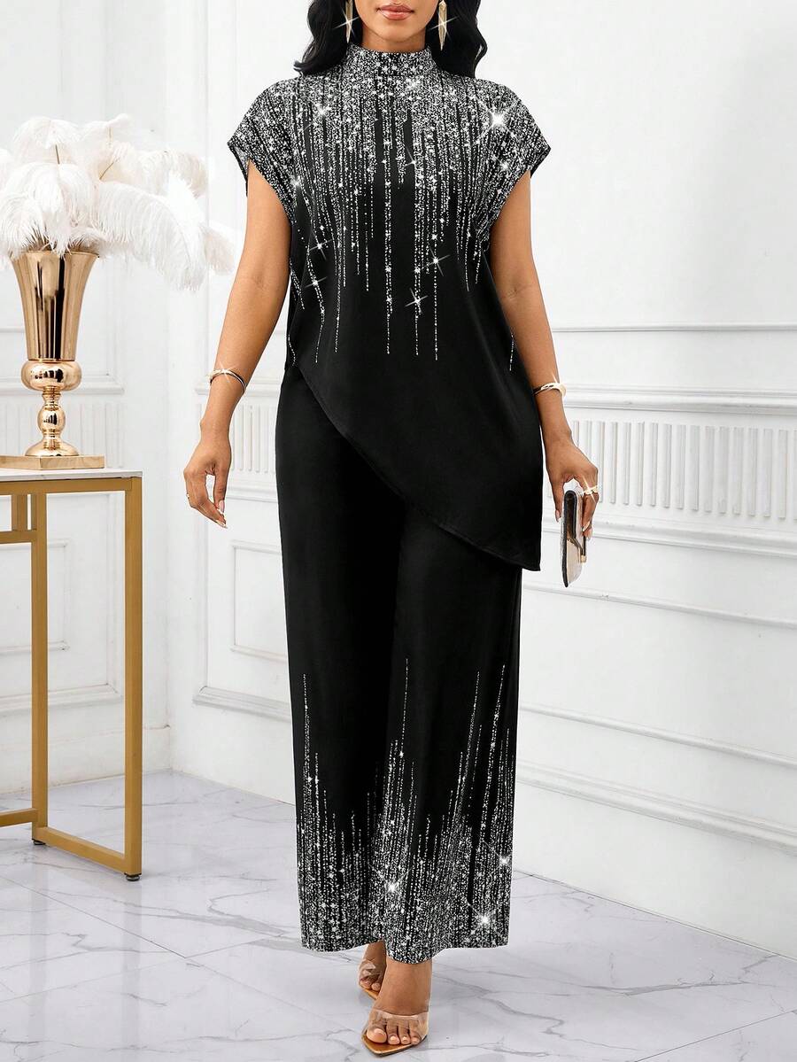 SHEIN Lady 2025 New Women's Elegant, Casual, Party, Commuting, Shiny, Mid-High-Neck, Asymmetrical, Loose-Fitting Short-Sleeved Top And Loose-Fitting Straight-Leg Trousers Two Pieces Set For Spring, Summer And Autumn Halloween  Chic Women's Dress  Party Dress