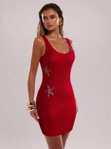 SHEIN BAE Standard Size Sexy Women's Dress With Pentagram Decor, Spaghetti Strap - Red - View 5