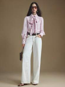 Ontre Blusa de mujer de estilo moderno urbano, color rosa, con volantes, botones de concha, silueta entallada, cuello de solapa, manga larga, manga farol, cuello de corbata, casual de negocios, ropa de otoño, nueva llegada 2025