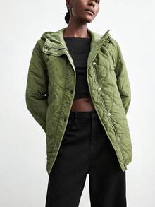 Maija Green Quilted Geometric Pattern Hooded Long Sleeve Padded Coat For Women, Autumn/Winter, With Pockets & Drop Shoulder Green Jacket Shackets For Women Oversized Jacket Quilted Jacket,Fall Clothes For Women,Christmas Women's Clothing Women's Winter Coat New Year Winter Clothes For Women Office Outfits For Women Casual Blouses For Women