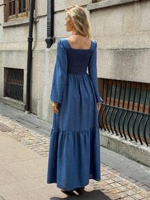 Elyressa Vestido elegante de mujer de unicolor con escote de corazón y fruncido - Azul - Ver 2