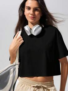 Fluxe Camiseta casual impermeable de mujer de unicolor, cuello redondo, hombros caídos y manga corta