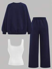 SHEIN Girlism Tween Girls 3 PiecesOutfit Set: Thermal Lined Sweatshirt, Vest, And Sweatpants, Casual School/Sports Wear, Loose Fit, Letter Applique, Long Sleeve Sweatshirt, Fitted Knit Vest With Contrast Trim, Deep Blue/Navy Fall Winter - Royal Blue - View 2