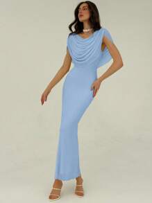 Aloruh Women Solid Color Drape Fit And Flare Dress Blue - Blue - View 7