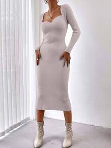 EURMUSE 女士纯色心形领长袖修身针织连衣裙，秋冬款 - 藕粉色 - 查看 5
