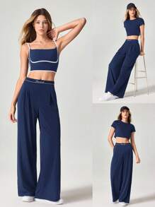 GLOWMODE Pantaloni largi din jacquard cu uscare rapidă, talie elastică, cu buzunare laterale, ținute casual de zi cu zi