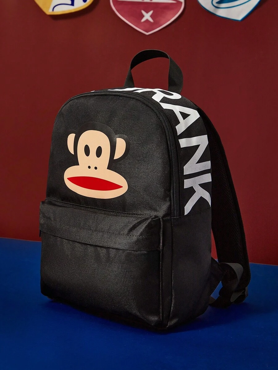 Paul Frank X SHEIN 1pc Cartoon Pattern Adjustable Shoulder Strap Backpack, With Laptop Compartment Fits 13-Inch Notebook, Suitable For Gym, Casual, Canvas, School, Travel, Monkey Design, & Fashionable - Black - View 1